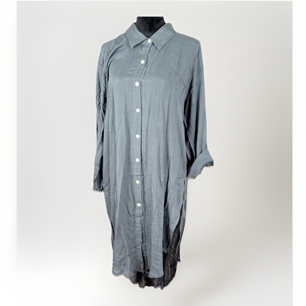 NWT Rhea Grey Oversized Tunic Top Button Down 100% Viscose Roll Tab Sleeve